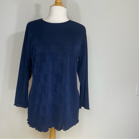 Vintage Nina Taylor Navy Blue Sheen Floral Lettuce Hem Stretch Tunic Top Size 3X - Picture 1 of 14